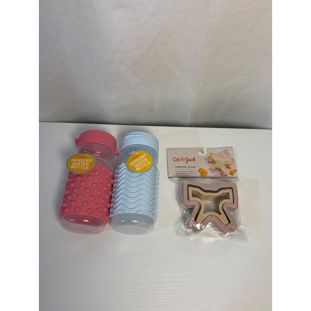 Cat & Jack Sensory Water Bottles and Bow Sandwich Cutter Bundle 3pc Set New